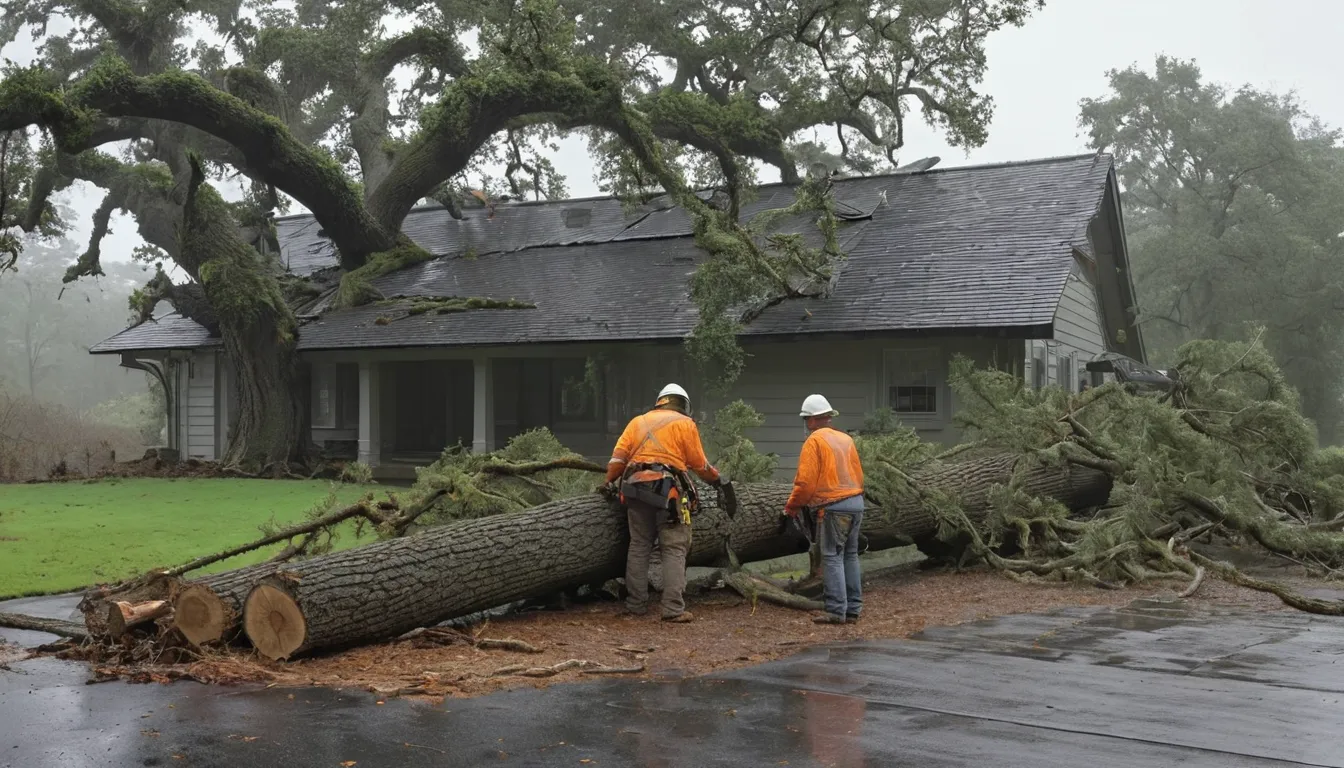 A local tree provider assessing a large fallen tree beside a frame house in Waynesville after a storm