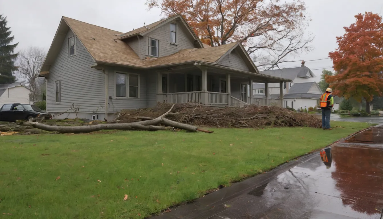 A tree service provider assessing a fallen tree near a frame house in Waynesville